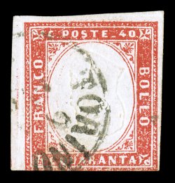 13e, 1861 40c Rose carmine, Head Inverted, used, three mostly large to huge margins, fourth at bottom just cutting, rich color, portion of Torino town c.d.s., fine for this
very rare stamp (Sassone 16D Ç8,000).
