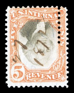 R137a, 5c Orange and black, Center Inverted, with partial extra vertical row of perforations at top right, 1872 ms. cancel, light horizontal crease, fine
appearance.