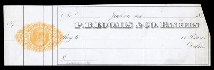 RN-F1a, 2c Orange, Stamp Inverted, on unused check of the P.B. Loomis & Co. Bankers, check with small piece missing at top right not affecting the stamp, a few light toned
spots well away from the stamp which is very fine an exceedingly scarce
