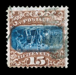 119b, 15c Brown and blue, Ty. II, Center Inverted, another used example, this one centered a bit to bottom, relatively lightly cancelled, warm rich colors and impressions, two
small tears at right do not detract from this raritys fine appearanc