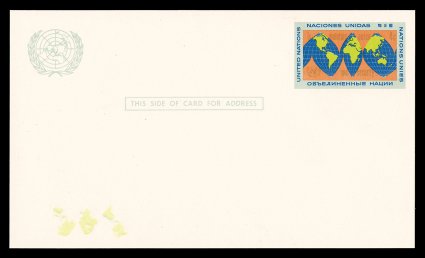 UX3 var., 4c World Map postal card, Yellow Impression Inverted, another eye-catching error, being a mint postal card with the yellow color (five continents) inverted at bottom
left, leaving the indicia missing the color, very fine.