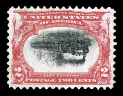 295a, 2c Pan-American, Center Inverted, marvelously well centered amid unusually large margins, deep luxuriant colors and sharp detailed impressions, full o.g. which has been
relatively lightly hinged, very fine and quite choice. A magnificent