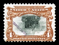 296aSE, 4c Pan-American, Center Inverted, with Specimen type E overprint, remarkably the Cunliffe collection contains a third different example of this rare Invert Specimen,
this one with the violet Specimen. overprint placed diagonally an