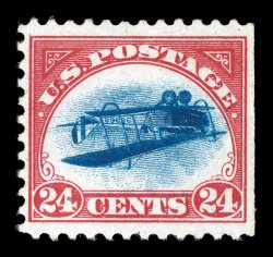 C3a, 24c Carmine rose and blue, Center Inverted, position 90, natural s.e. at right, attractively centered, especially intense colors and impressions on bright paper, full clean
o.g. that shows just the barest trace of hinging, small natural inc