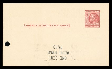 UX47a, One CentAdditionalPaid Surcharge on 2c General Electric postal card, Surcharge Inverted, fresh unused example, with surcharge inverted at lower left, typical punch hole
at left and partially obliterated address on back, very fine (U