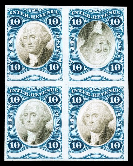 Turner Essay 58, 10c Blue and black engraved plate essays of frames with vignettes pasted in, Head Inverted, block of four with the top right proof displaying the inverted head,
deep colors, large margins, very fine and most unusual ex-Joyce.<