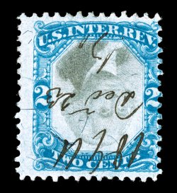 R104a, 2c Blue and black, Center Inverted, fresh example of this rare invert, cancelled by a neat ms. cancel rather than the more frequently seen cut cancel, bright colors,
fine.