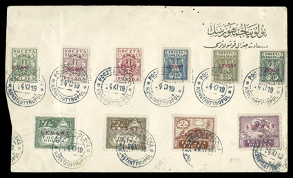 2K2-7, 2K9-12, 1919 5f-5M Levant overprints, ten values (less the 3f and 1M) tied to large portion of consular cover by Poczta PolskaKonstantynopol24 XI 19 c.d.s., consulate
handstamp on reverse, cover reduced at left (probably removing th