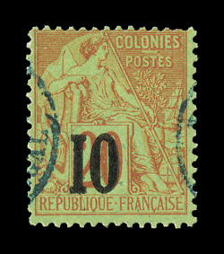 16, 1887 10 Surcharge on 20c Red on green, used example of this rarity, brilliantly rich colors, light unobtrusive blue c.d.s. cancels, fresh and fine 1984 PF certificate
(Yvert 4h Ç2,500).