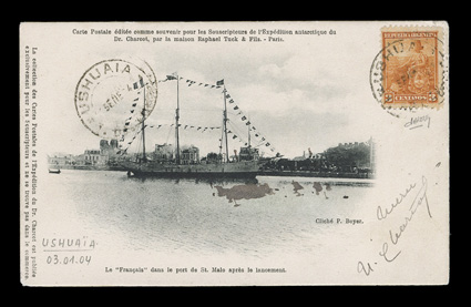 1903-10 French Antarctic Expeditions, French picture post card illustrating the ship Le Francais, published by Boyer, addressed to France and bearing, on the picture side,
Argentina 1901 3c which is tied by Ushuaia3Ene 04T. Del Fuego c.d.