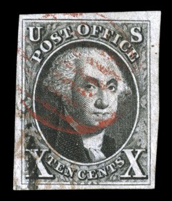 2, 10c Black, position 4L, used, four large margins, strong color and impression, cancelled by a bright red grid, as well as a light red boxed Colonies and Art transit black due
marking at bottom left, extremely fine and attractive 1983 and 2