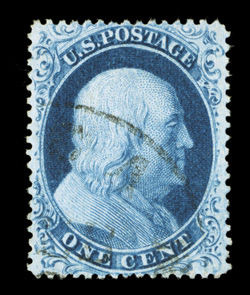 20, 1c Blue, Ty. II, an especially desirable used single that is remarkably well centered and margined, plus its color is exceedingly rich and luxuriant, sharp detailed
impression on bright paper, very light c.d.s. cancel, extremely fine 1984 P