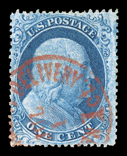 20, 1c Blue, Ty. II, intensely deep color and a sharp early impression, nicely centered, bright red carrier cancel, choice very fine 1996 PF certificate when it was on
piece.