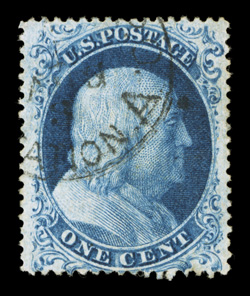 22, 1c Blue, Ty. IIIa, Plate 11, excellent centering, wide margins, deep color and a razor-sharp impression, neat c.d.s. cancel, extremely fine and choice
ex-Zoellner.