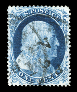 23, 1c Blue, Ty. IV, marvelously well centered, strong rich color and a highly detailed impression, light town c.d.s. postmarks, extremely fine an uncommonly choice used
example of this difficult stamp 2008 PSE certificate (XF 90 SMQ $2,200.0