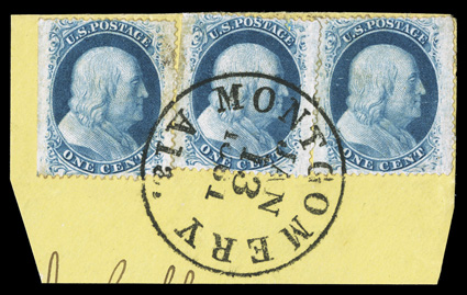 24, 1c Blue, Ty. V, three items used in the Confederacy, with three singles tied to a piece by sharp Montgomery Ala.Jan 13 1861 c.d.s., a horizontal pair with crisp Mobile
(Ala.)Mar 5 1861 double circle cancel and a single with Mobile
