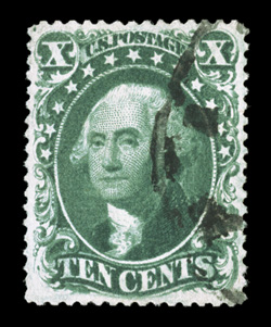 32, 10c Green, Ty. II, desirable used example, wonderfully well centered and margined, strong rich color and a sharp impression on fresh paper, c.d.s. town cancel, extremely
fine 1997 PF certificate and a 2007 PSE certificate (XF 90 SMQ $830.0