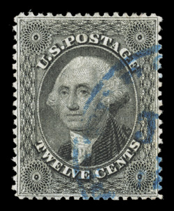 36, 12c Black, plate I, a truly gem used single in a condition that is almost impossible to find, being about as perfectly centered as possible for this notoriously difficult
stamp, fresh color and a crisp detailed impression, neat blue town