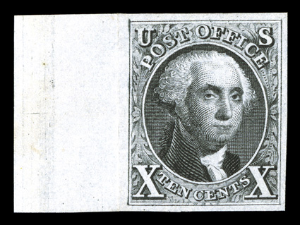 4, 10c Black reproduction, without gum as issued, striking left sheet-margin single, with huge selvage, other three margins large and balanced, extraordinarily bright and fresh,
vertical crease in selvage approximately 1½mm from the stamps fram