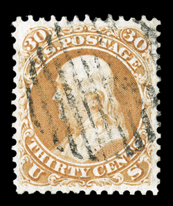 71, 30c Orange, a lovely used single that is not only exceedingly well centered and margined, but it is also extraordinarily bright and fresh, grid cancel, extremely fine 1998
PF certificate and a 2009 PSE certificate (XF 90 SMQ $550.00).