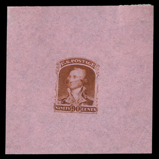 72-E1E-5, 90c 1861 Essay group of 52 mostly different, includes vignette essays in various colors, blank label essays and complete designs, the latter including some on colored
card and pink pelure paper, range of sizes, generally very fine th
