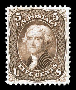 76, 5c Brown, nicely centered and margined, fresh color, clean o.g., lightly hinged, very fine a difficult and scarce stamp with full original gum 1993 PF
certificate.