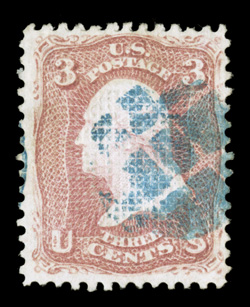 83, 3c Rose, C grill, used, exceptionally well centered within large margins, fresh color, easily identifiable grill, blue grid cancel, slight thin spot, otherwise very fine
1987 PF certificate ex-Zoellner.