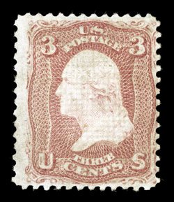 85C, 3c Rose, Z grill, a very rare mint example, strong color and impression, full original gum that is lightly hinged, a fine copy of one of the most challenging grilled
stamps to find with original gum 2009 PSE certificate.