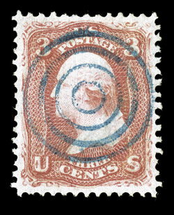 94, 3c Red, F grill, gorgeous used single, with deep luxuriant color and an excellent impression on bright paper, marvelously well centered within large margins, cancelled by a
perfectly centered blue target cancel, an extremely fine gem w