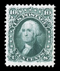 96 var., 10c Green, F grill, an incredibly fresh example of this very scarce mint stamp, with deep luxuriant color in the distinctive Green shade, prooflike impression on
bright white paper, excellent centering within especially large margins,
