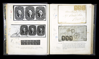 Henry Hill, United States Five Cent Stamps of 1856-1861, Original manuscript of the book, binder with 95 pages which was Hills working manuscript used to assemble his 1955 book,
with original photographs and typewritten manuscript, including Hil