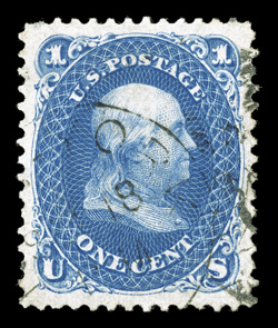102, 1c Blue re-issue, rare used example, especially well centered within exceptionally large margins, beautiful rich color and a sharp impression, light duplex cancel,
certificate mentions a nibbed perf. at top (which is why the grade is much l