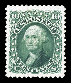 106, 10c Green re-issue, a magnificent quality mint example of this rare re-issue, possessing exceptional overall physical qualities, including being incredibly well centered
amid lavishly large margins, gorgeous prooflike color and impression o