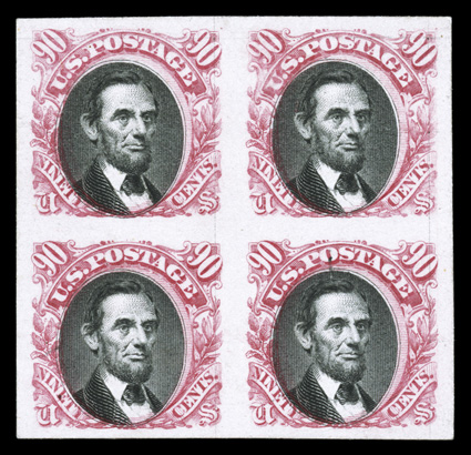 112P4122P4, 1c-90c Pictorials, plate proofs on card complete in blocks of four less the 15c value, fresh colors, large margins, 90c with small ink (printing?) mark on bottom
right stamp, 1c with trivial edge soiling, otherwise very fine.