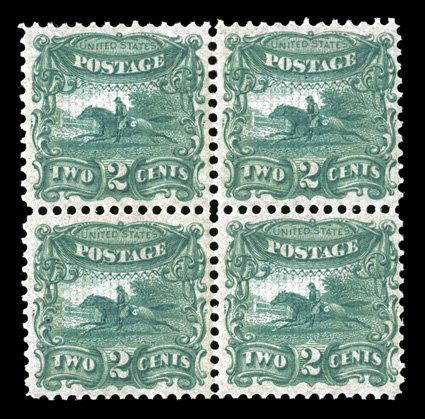 113-E3e, 2c Post horse and rider, trial color essays with grill, eight different colors in blocks of four, bright and fresh, o.g., some h.r.s, fine-very
fine.