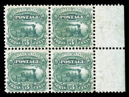 114-E6d, 3c Locomotive, trial color essays with grill, eight different colors in blocks of four, o.g., some are never hinged, two stamps from one block with a small black spot
on gum, fine-very fine.