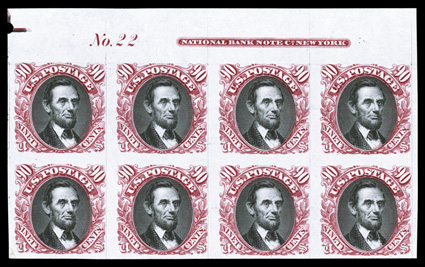 122P3, 90c Carmine and black, plate proof in India, top margin imprint and plate No. 22 block of eight, large margins, strong bright colors, minor pencil notation on reverse,
very fine and quite handsome.