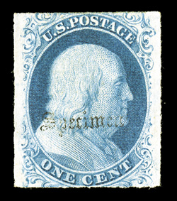 7S-A, 1c Blue, Ty. II, with Type A Specimen overprint, fresh color, wide margins at sides, just into at top and bottom, o.g., h.r., trivial crease at bottom left, fine an
extraordinarily rare specimen, with only a few examples known.