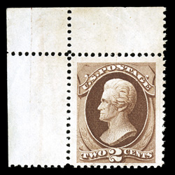 135, 2c Red brown with grill, a spectacular top left corner sheet-margin single, possessing margins of enormous size and being quite well centered within them, strong rich
color, full original gum, extremely fine an incredibly large-margined ex