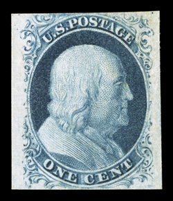 7, 1c Blue, Ty. II, wonderfully fresh and crisp mint single, with mostly large margins nearly all around, rich luxuriant color, full original gum, very fine and choice 1991 PF
certificate.