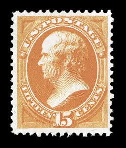 152, 15c Bright orange, premium mint example of this scarce and difficult Bank Note stamp, especially well centered within large margins, bright fresh color, full o.g., lightly
hinged, extremely fine encapsulated PSE certificate (XF 90 SMQ $6,