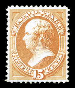 152, 15c Bright orange, excellent centering, especially for this value, large margins, bright fresh color, o.g. which the accompanying certificate describes as slightly melted,
extremely fine 2008 William Weiss certificate.