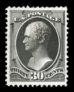 154, 30c Black, well centered within uncharacteristically large margins, marvelously fresh, with strong rich color, certificate states small part o.g. though we might classify
it as part o.g. (catalogs $7,500.00 as o.g.), very fine and choice