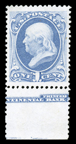 156, 1c Ultramarine, incredibly handsome bottom sheet-margin partial imprint single, magnificently centered within wide balanced margins, unusually strong color and a prooflike
impression on brilliant paper, full o.g., lightly hinged, an extreme
