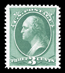 158, 3c Green, the stamp offered here is one of the finest never hinged 158s we have ever had the pleasure to sell, as it contains several impressive physical characteristics
that rarely converge on a single stamps, including perfect cente