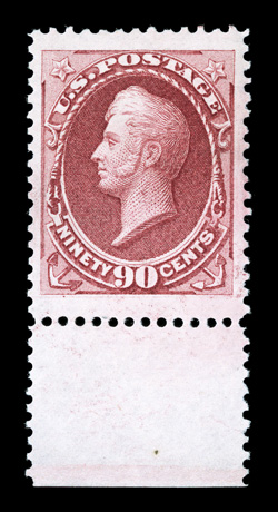 166, 90c Rose carmine, the bottom sheet-margin single offered here is, without fear of being contradicted, the finest mint Ninety Cent Continental Bank Note in existence, as
this stamp is truly unbelievable in every aspect, possessing absolu