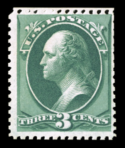 169, 3c Blue green special printing, without gum as issued, a handsome example of one of the rarest of all the Hard Paper Special Printings, being one of the very few with
intact perforations nearly all around, rich luxuriant color and a crisp d