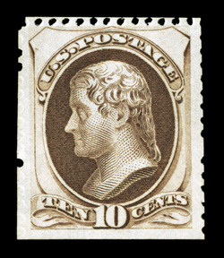 172, 10c Pale brown special printing, without gum as issued, a desirable copy of this very rare special printing, well centered within much larger margins than typically found,
bright rich color, scissor-separated as is almost always the case on