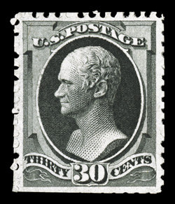 176, 30c Greenish black special printing, without gum as issued, an attractive example of this rare special printing, being quite well centered, strong color and impression,
scissor separated with mostly complete perforations on three sides, ver