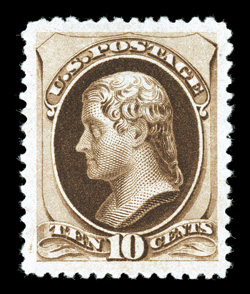 197, 10c Deep brown special printing, without gum as issued, an incredible appearing example that is probably the finest centered and margined 197 in existence, as it features
flawless centering amid extraordinarily large margins, the likes